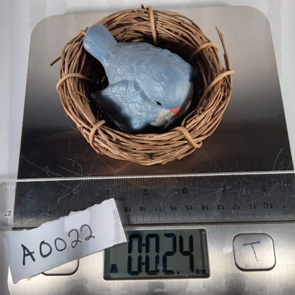 Blue Ceramic Bird in Wicker Nest - Decorative Home Accent